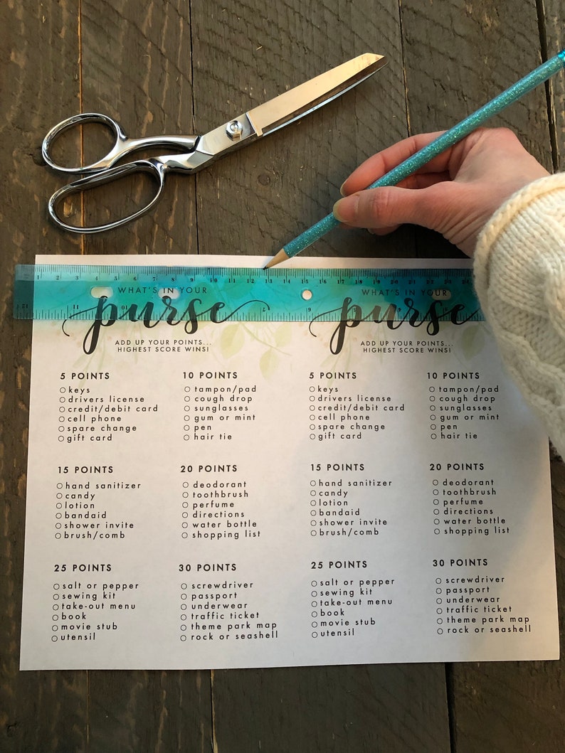 Printable Shower What/'s In Your Purse Game Vintage Blue and Sage Green Floral Bridal shower game or Baby Shower game sheet digital download