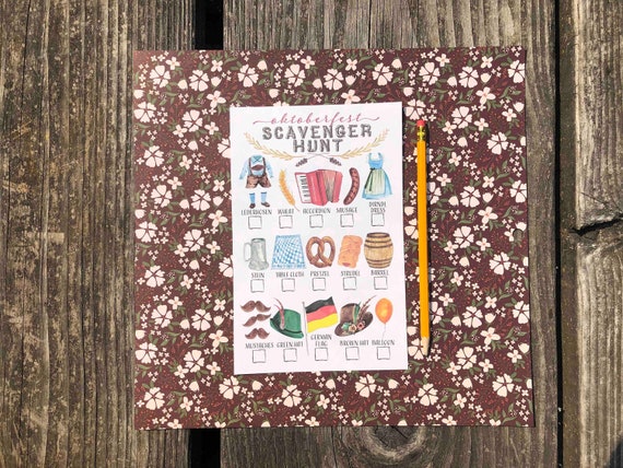 Printable Oktoberfest Scavenger Hunt for kids watercolor full color outdoor German heritage street fair Fall Autumn festival spy game sheet