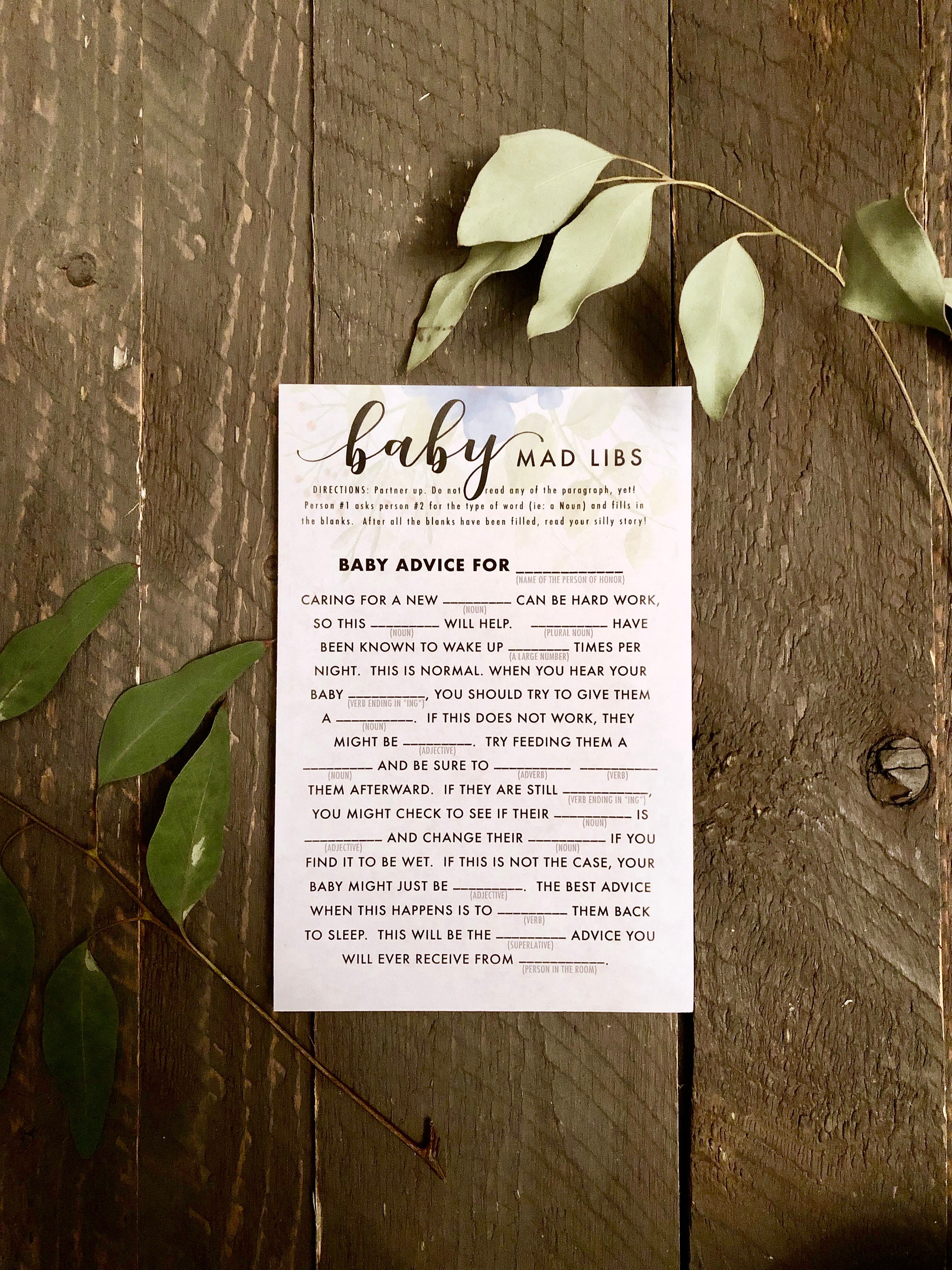 Printable Baby Shower Mad Libs Game Vintage Blue and Sage - Etsy
