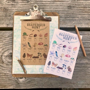 May include: Two printable nature scavenger hunt checklists. The checklists are on brown and white paper with illustrations of nature items like a snail, worm, bug, flower, leaf, web, feather, bird, mushroom, acorn, cone, butterfly, log, berry, and animal. The text on the checklists reads "Nature Scavenger Hunt".