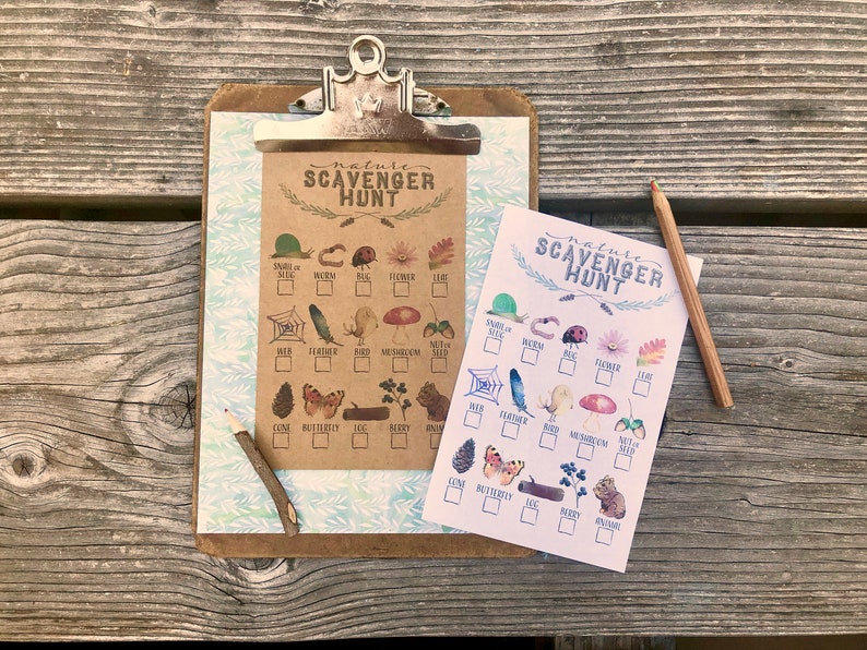 May include: Two printable nature scavenger hunt checklists. The checklists are on brown and white paper with illustrations of nature items like a snail, worm, bug, flower, leaf, web, feather, bird, mushroom, acorn, cone, butterfly, log, berry, and animal. The text on the checklists reads "Nature Scavenger Hunt".