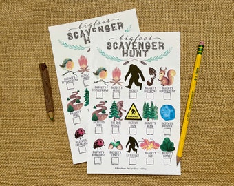 Druckbare Bigfoot Schnitzeljagd Spiel Blatt für Kinder Aquarell vollfarbig für Sasquatch Geburtstags-Party Spiele für Natur, Wandern und Camping