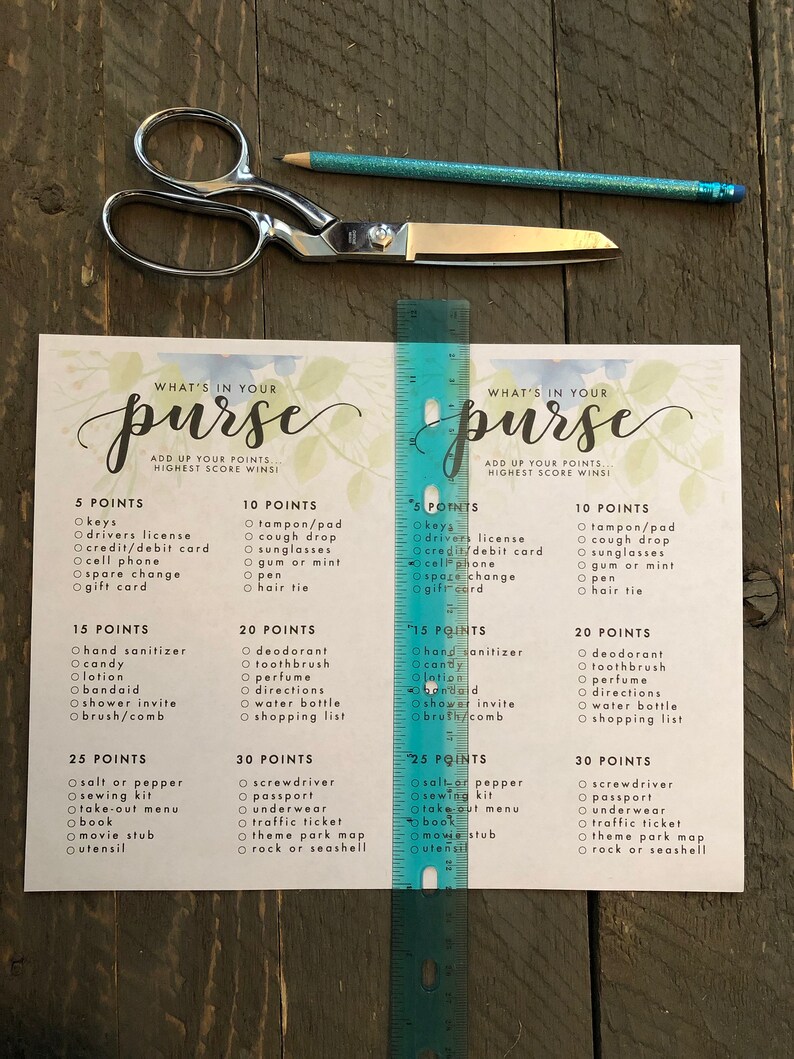 Printable Shower What/'s In Your Purse Game Vintage Blue and Sage Green Floral Bridal shower game or Baby Shower game sheet digital download