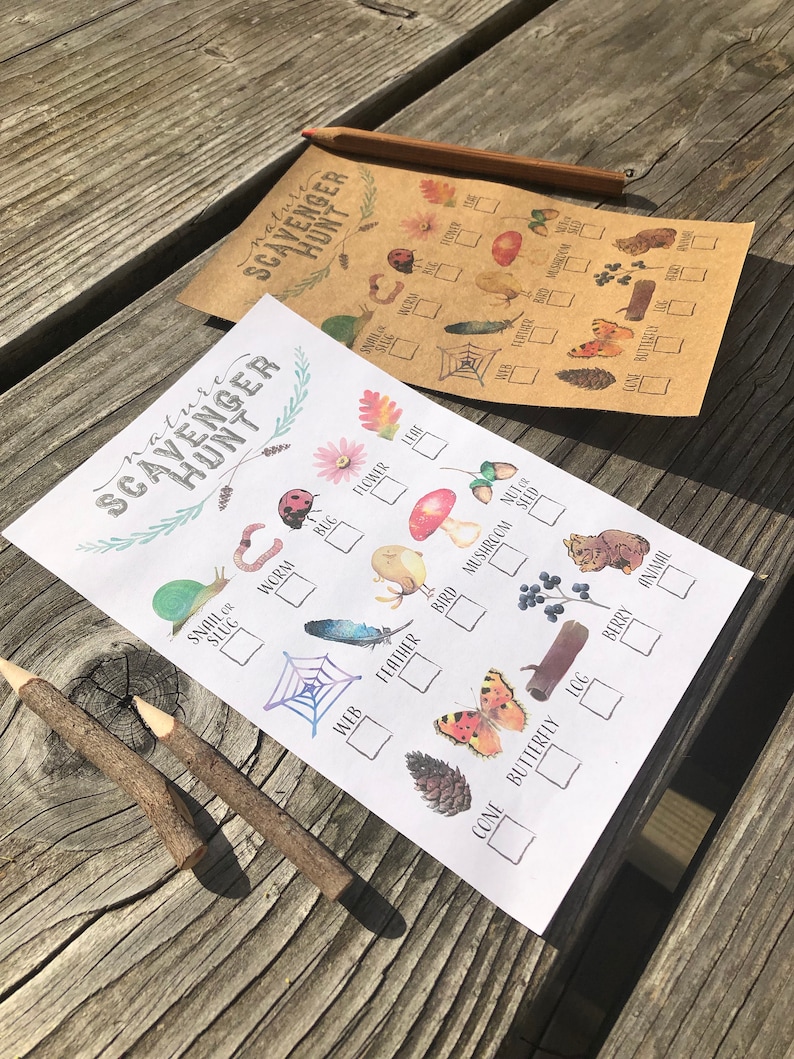 May include: A printable nature scavenger hunt checklist with illustrations of a snail, worm, bug, flower, leaf, web, feather, bird, mushroom, nut or seed, cone, butterfly, log, berry, and animal. The checklist has boxes to check off each item found.