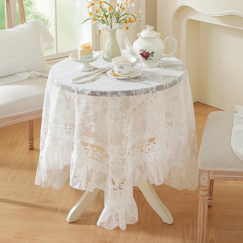 White Lace Square Tablecloth: Floral Embroidered Ruffled Edge Polyester ...