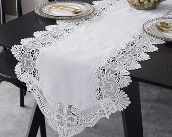 Linen Blend Table Runner with Lace Edge Off White  Wedding Table Wear