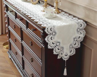 Jacquard Table Runner with Scallope Lace Edge-Dresser Scarf 40"-177"