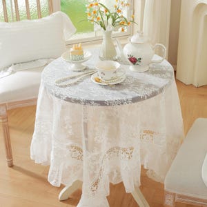 White Lace Square Tablecloth: Floral Embroidered Ruffled Edge Polyester ...
