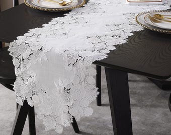 Stickerei Spitzen Tischläufer: Off-White Polyester Leinen