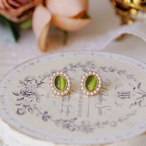 Peridot Raw Stone Stud Earrings, Vintage Cats Eye Stud Earrings for Women, Opal Stud Earrings with Tiny Pearl, Clip On Earrings Available