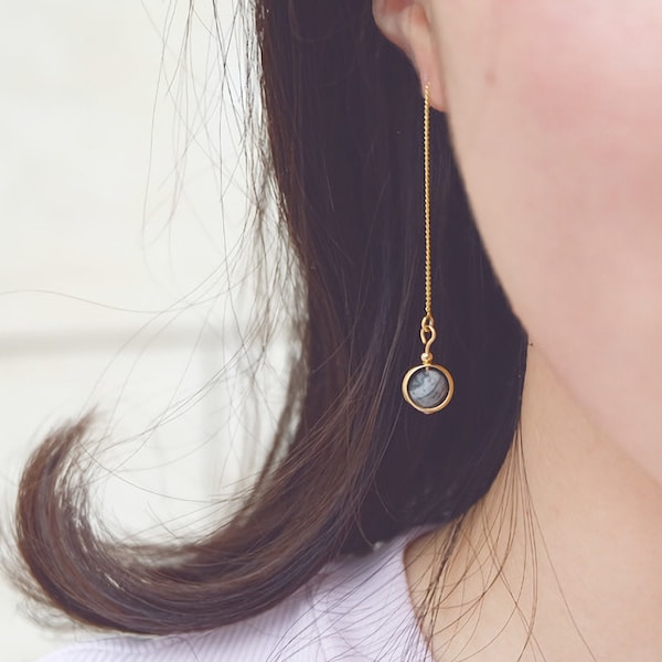 Raw Stone Space Earrings, 18K Gold Threader Celestial Earrings, Planet Earrings, Star Earrings