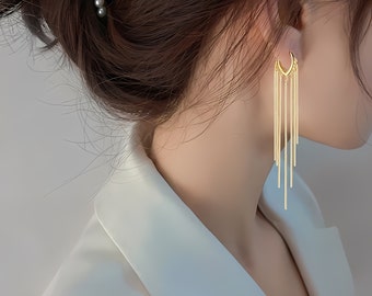 Gold Long Tassel Earrings, Leverback Fringe Earrings, Heart Hoop Earrings, Elegant Boho Earrings, Bridal and Bridesmaid Earrings for Wedding