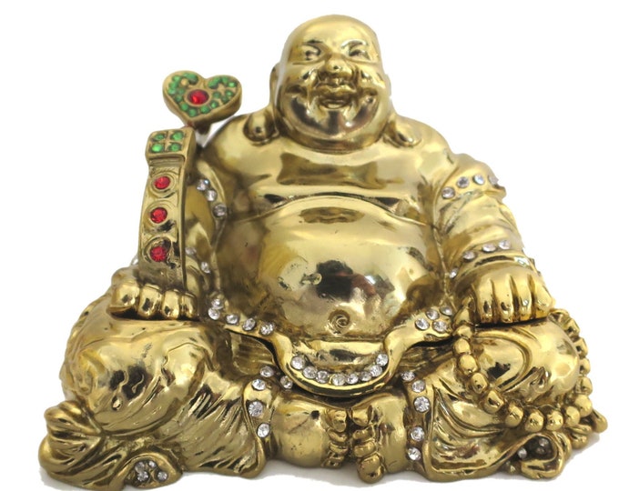 Bejeweled " Happy Buddha " Hinged Metal Enameled Rhinestone Trinket Box