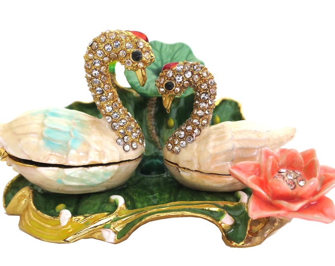 Bejeweled “ Swan Love Couple on Lotus Leaf ” Hinged Metal Enameled Rhinestone Trinket Box