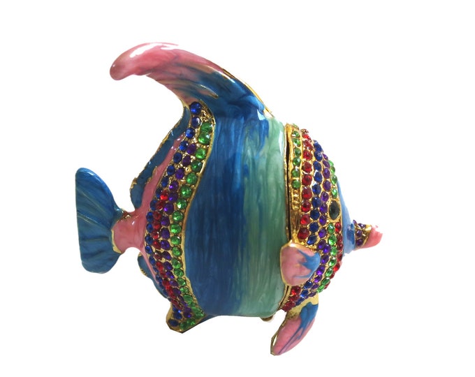 Bejeweled " Blue pink Tropical fish " Hinged Metal Enameled Rhinestone Trinket Box