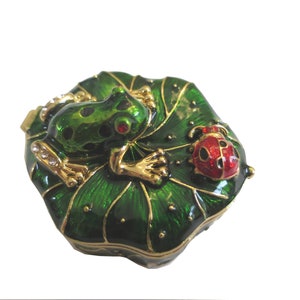 Bejeweled " Frog & ladybug on Lotus leaf " Hinged Metal Enameled Rhinestone Trinket Box