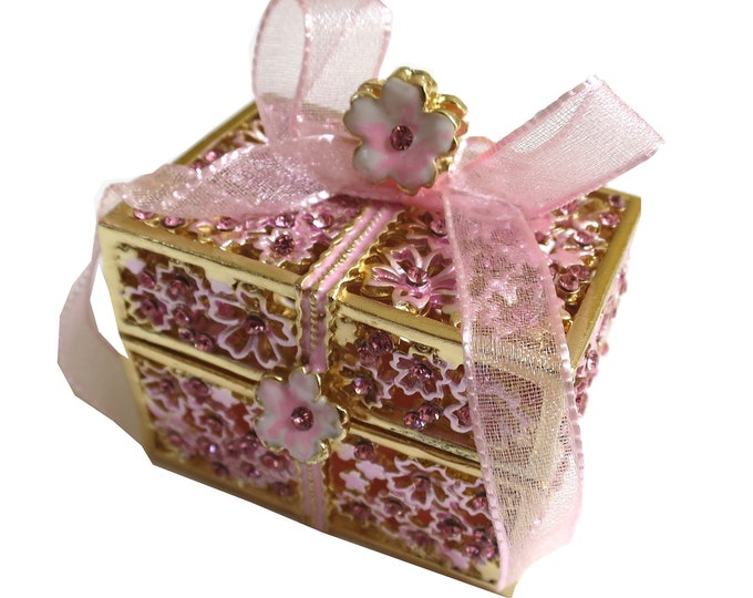 Bejeweled " Cherry Blossom Box " Hinged Metal Enameled Rhinestone Trinket Box