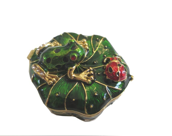 Bejeweled " Frog & ladybug on Lotus leaf " Hinged Metal Enameled Rhinestone Trinket Box