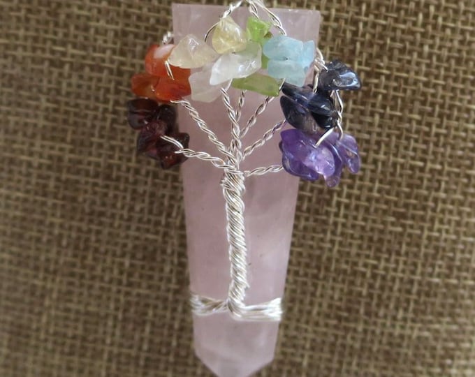 Flat Point wired Gemstone Rose Quartz , Wired Tree of Life, Natural Crystal Rose Quartz Pendant Necklace