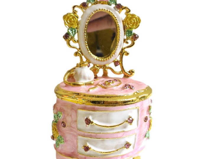 Bejeweled " Pink & White Dresser " Hinged Metal Enameled Rhinestone Trinket Box