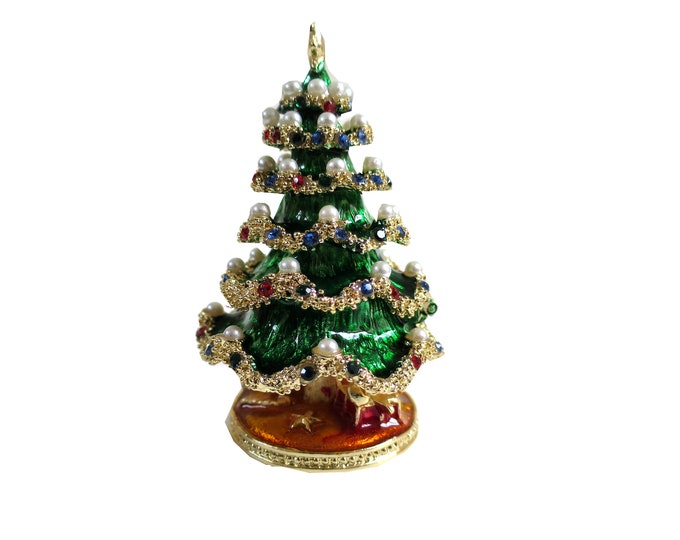 Bejeweled Christmas Tree Hinged Metal Enameled Rhinestone Trinket Box
