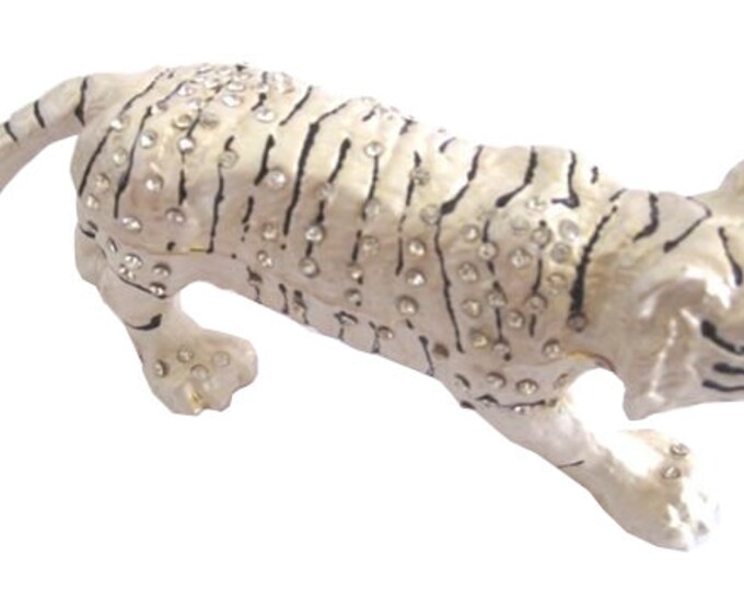 Bejeweled " White Tiger" Hinged Metal Enameled Rhinestone Trinket Box