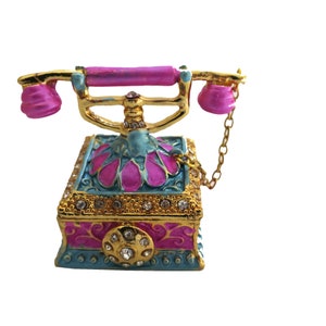 Jeweled " Pink Vintage Telephone" Hinged Metal Enameled Rhinestone Trinket Box