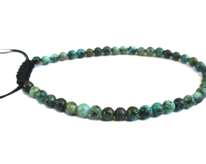 4mm African Turquoise Mini Bracelet w Knot, Green African Turquoise Gemstone " Stone of Growth ", Adjustable Teen kids stackable