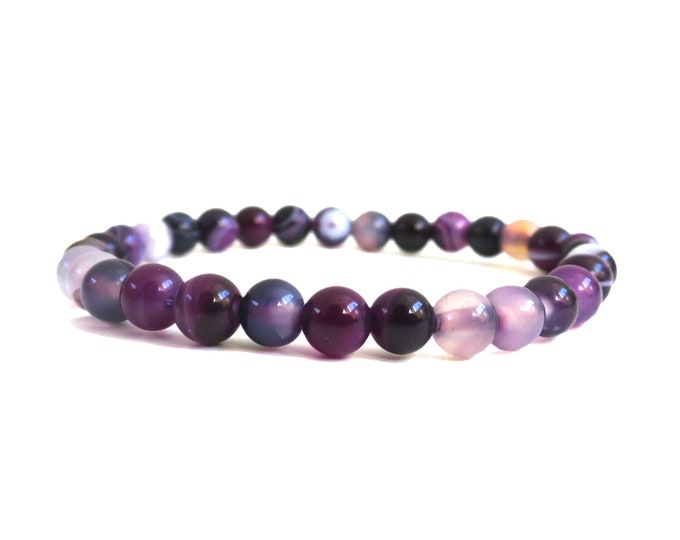 Purple Banded Agate Power Bracelet | Gemstone Purple agate Beads Elastic Stretchy Bracelet  |  woman 6mm