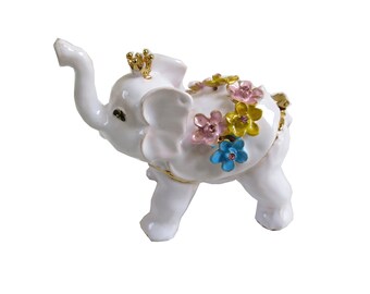 Bejeweled  Lovely White Elephant Hinged Metal Enameled Rhinestone Trinket Box