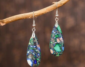 Blue Sea Sediment Jasper Earrings, Teardrop dangling drop Earrings Natural Stone