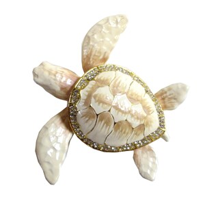 Bejeweled " White Sea Turtle " Hinged Metal Enameled Rhinestone Trinket Box