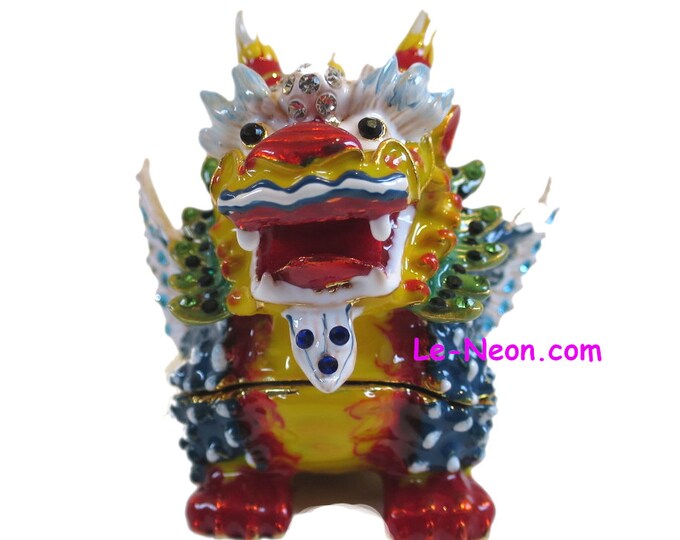 Bejeweled " Qilin Dragon Chinese Horse Chi Lin / Kilin " Hinged Metal Enameled Rhinestone Trinket Box