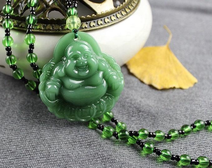 Green Glass Imitation Jade Laughing Happy Buddha Mala Pendant Necklace, Man men's, Car Hanging Ornament