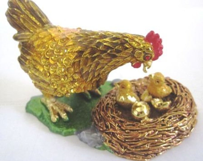 Bejeweled " Hen with Baby Chicks " Hinged Metal Enameled Rhinestone Trinket Box