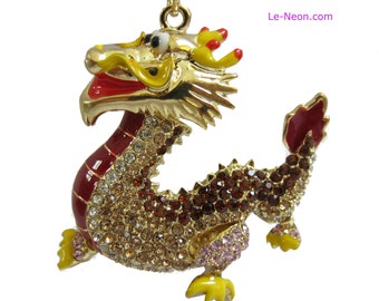 Purse Charm " Gold Dragon with movable head "  Keychain Crystal Rhinestone Sparkling Key Ring Gift