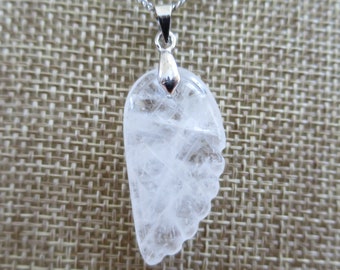 Clear Quartz Crystal Necklace, Angel's Wing Necklace, Natural Clear Quartz pendant necklace,  women