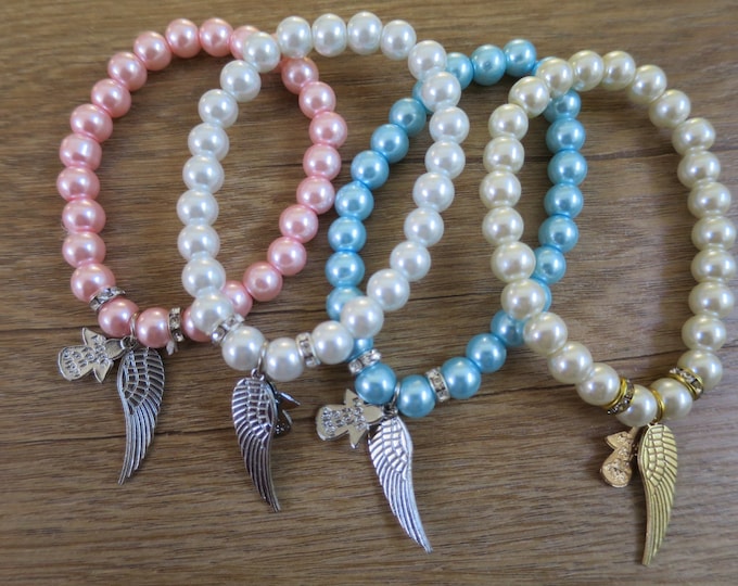 12x Pearl Angel Bracelet Favors, White pink blue Mixed, Baptism Christening Communion Confirmation Quince Nino