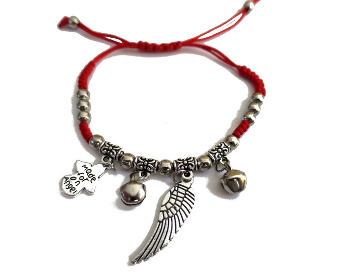 Angel's Wing Bracelet, Angel Charm Bracelet, Red Cord Bracelet, Bell Dingaling Charm Bracelet, Lucky charm bracelet