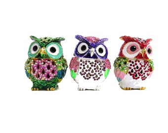 Bejeweled cute colorful  " Sparkly Little Owl " Hinged Metal Enameled Rhinestone Trinket Box, choose color