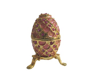 Bejeweled " Faberge Egg Pink " Hinged Metal Enameled Rhinestone Trinket Box