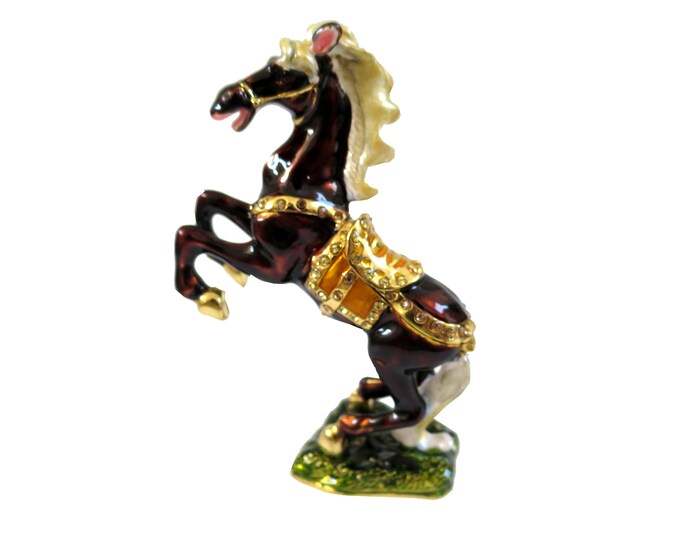 Bejeweled " Horse Rearing Up " Hinged Metal Enameled Rhinestone Trinket Box