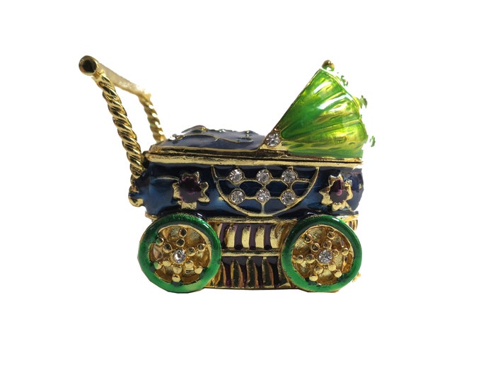 Bejeweled " Baby Trolley Stroller " Hinged Metal Enameled Rhinestone Trinket Box