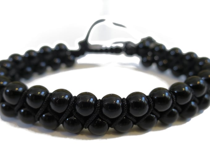 Black Onyx Double Row Gemstone Bracelet w/ KNOT, " Stone of Protection & Steadiness ", Double woven Adjustable Bracelet men women