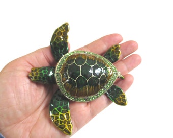 Bejeweled Dark Green Sea Turtle Hinged Metal Enameled Rhinestone Trinket Box