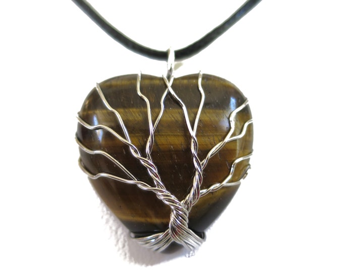 Tiger Eye Natural Stone Pendant Necklace, Gemstone wired Pendant, Heart Shaped