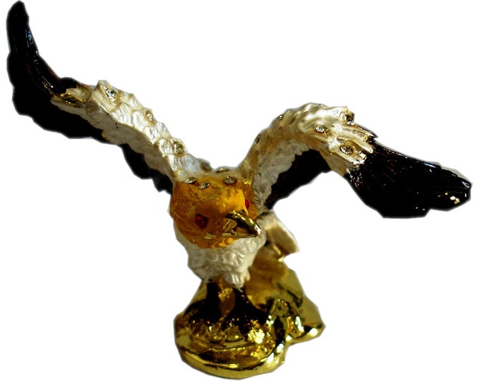 Bejeweled " Eagle Flying " Hinged Metal Enameled Rhinestone Trinket Box