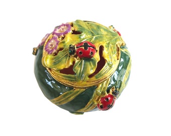 Bejeweled " Ladybug on Leaf "  Hinged Metal Enameled Rhinestone Trinket Box