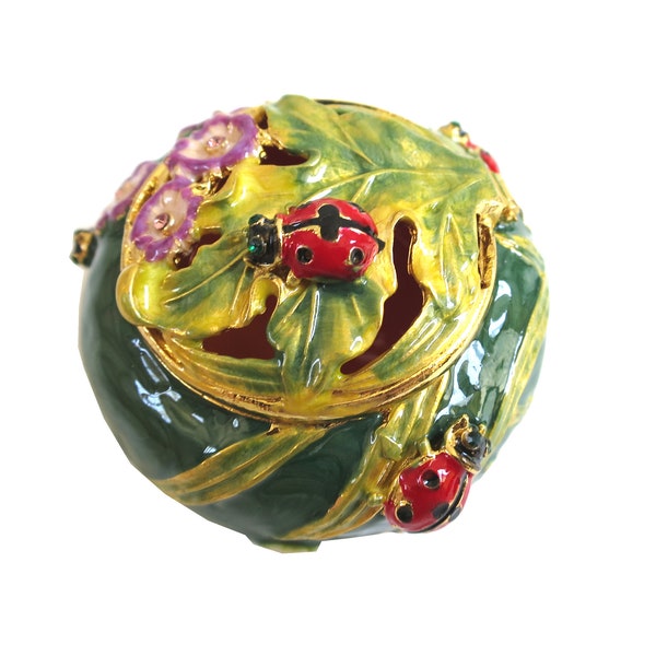 Bejeweled " Ladybug on Leaf "  Hinged Metal Enameled Rhinestone Trinket Box