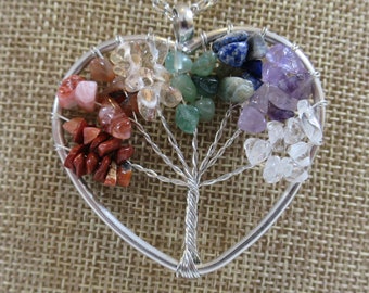 Big Heart Shaped Chakra Tree Pendant, Raw Stone Chakra Tree of Life Heart Pendant Necklace, Natural Crystal Gemstone Wired Tree pendant